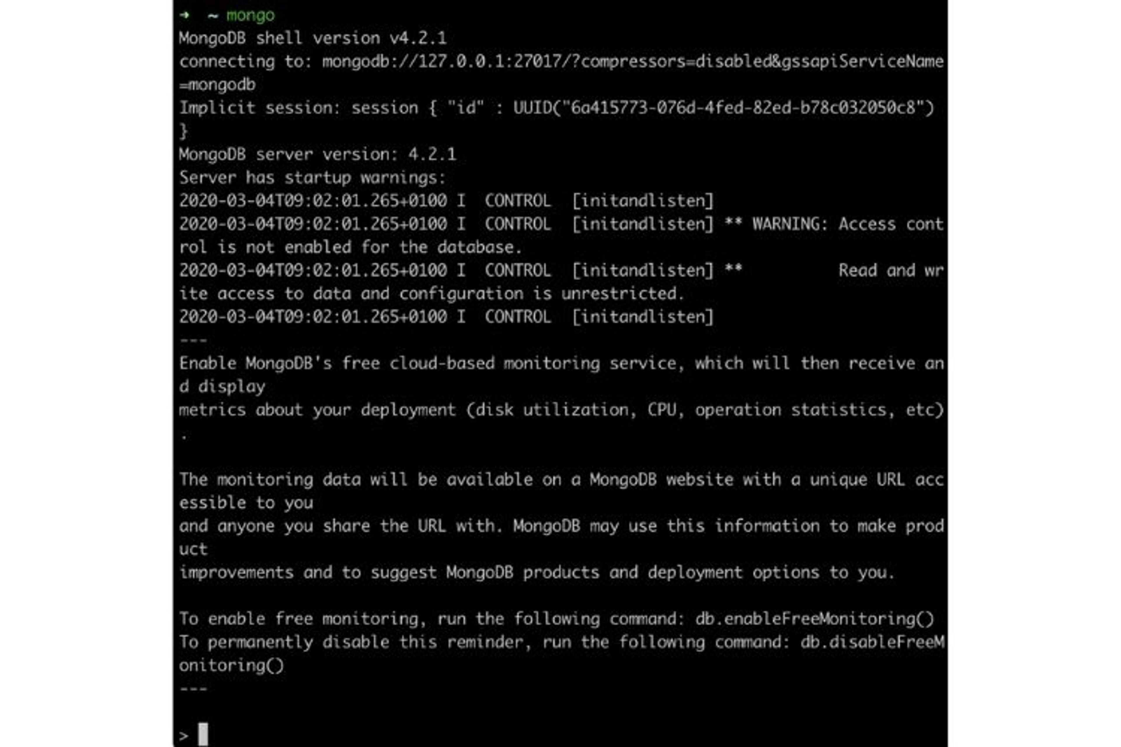 Une fois MongoDB installé, vous pouvez manipuler son serveur depuis le Mongo Shell en tapant la commande " mongo " sur votre terminal