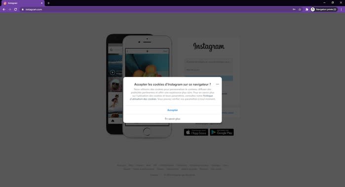 Ecran d'accueil d'instagram sur Chrome