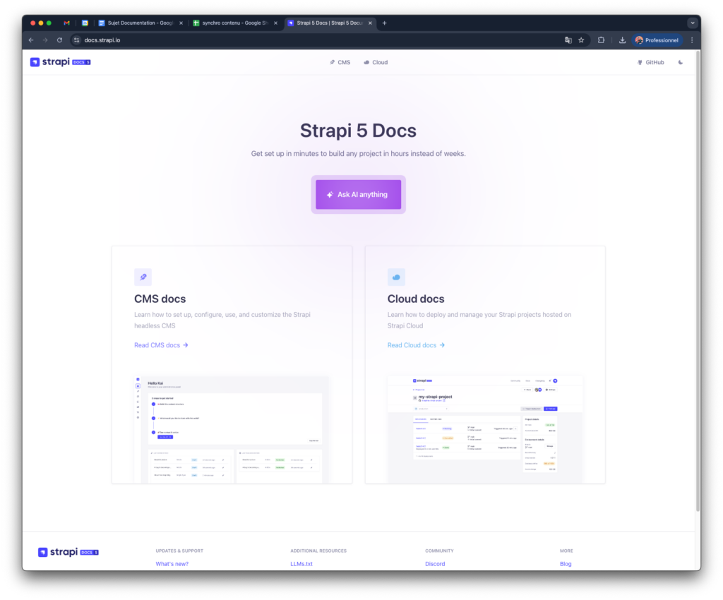 Capture d'écran - Documentation Technique Strapi 5 - Bouton "Ask AI Anything"
