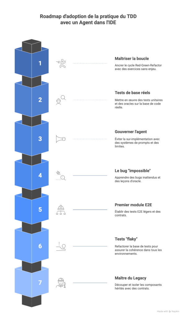 Roadmap TDD en 7 checkpoints 1) Maîtriser la boucle… sur kata (sans enjeu métier) Ancrer Red → Green → Refactor. Mets ton kimono et fait des FizzBuzz 2) Premiers tests sur ta vraie base (unitaires + oracles) On refactore cette feature ? Attend je vais mettre des tests avant. 3) Gouverner l’agent Eviter la sur-implementation avec un prompts sytème, des gardes-fous, des limites 4) Le bug “impossible” (et la leçon oracle) Un bug ? Impossible cette feature est testée. Ah c'est l'oracle 5) Premier Module : E2E léger + contrats Premiers contrats, pyramide de tests cohérente du e2e aux tests unitaires 6) Le moment où les tests deviennent “flaky” En fait, tout le monde fait des tests qui marchent sur son poste de travail, mais pas forcément dans la CI. Du coup on doit refactorer toute la base de tests pour pas casser la CI. 7) Doc-as-Code & legacy apprivoisé On a plus peur du légacy. On le découpe en modules, on isole les composants avec des contrats. Tu es devenu le craftman qui n’a pas peur du vieux code.