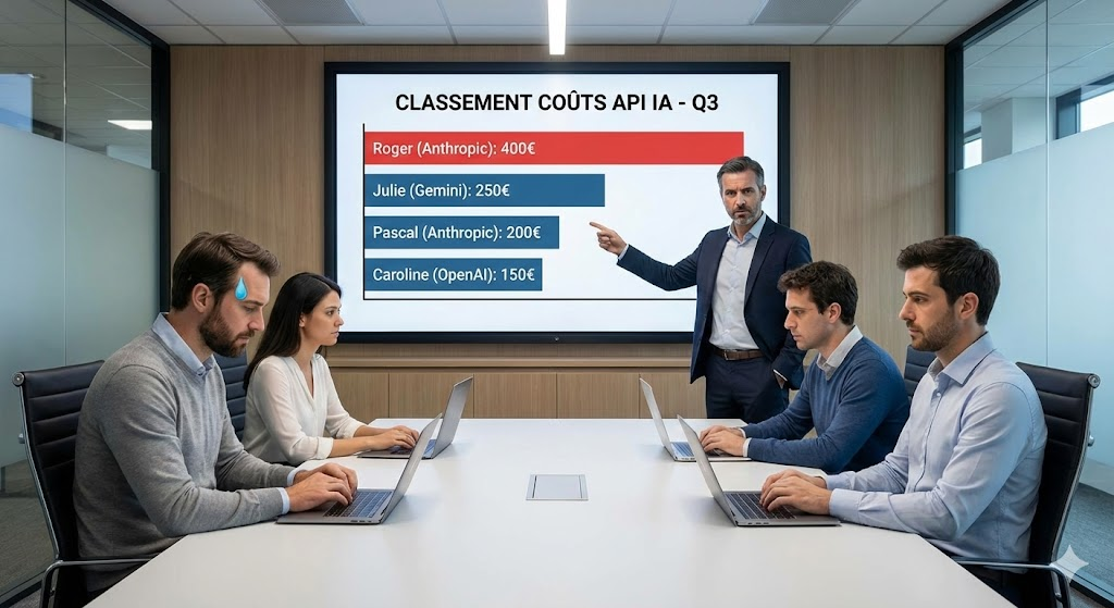 Salle de réunion avec 4 développeurs et développeuse et un manager qui montre le Classement des coûts API IA sur Q3. Roger est en rouge, il a une goute de sueur sur le front