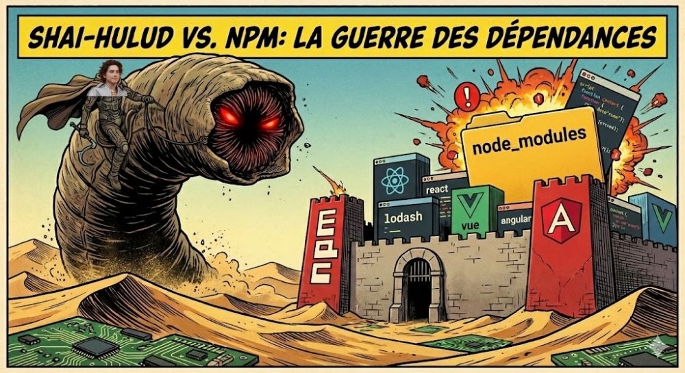 Shai-hulud vs NPM : la guerre des dépendances. On y voir Timothé Chalamé qui chevauche un vers des sables issu de l'univers Dune. Il attaque une forteresse NPM.