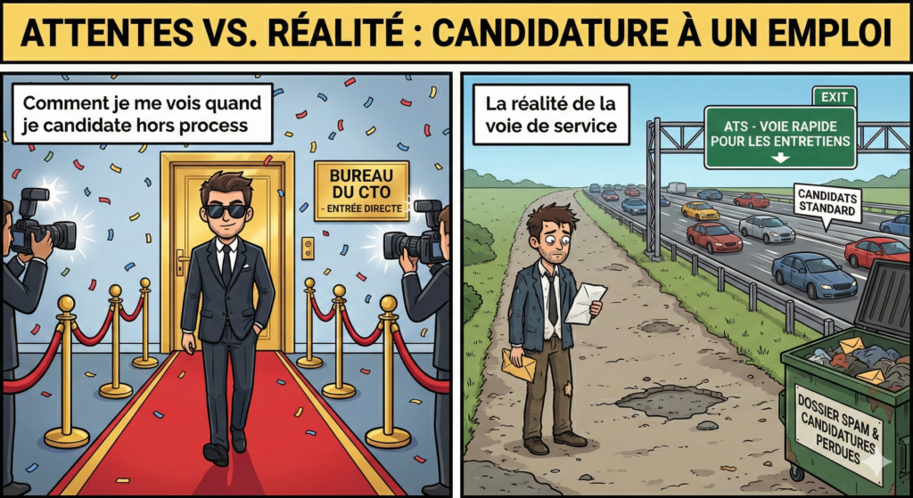 Comment je me vois quand je candidate hors process : c'est le tapis rouge à canne. En réalité je suis sur la voie de service à côté de l'autoroute et ça va à la poubelle.