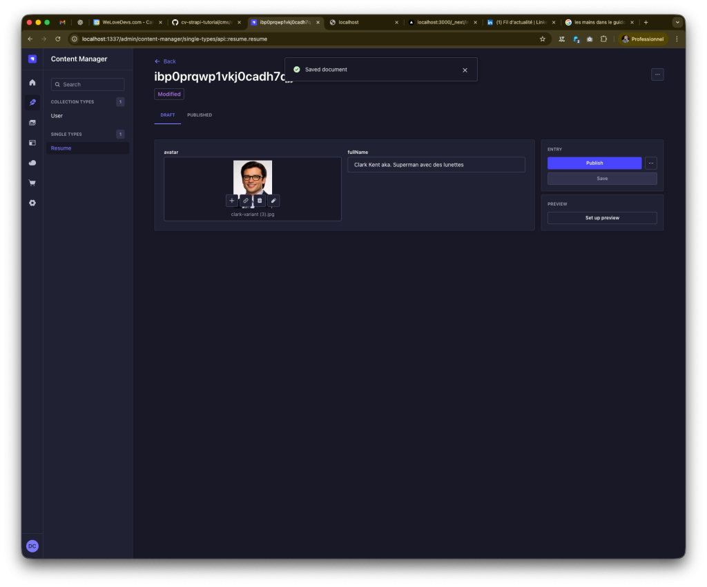 tutoriel Strapi : la capture d’écran du Content Manager, il y a bien un nouveau champ appelé fullName.
