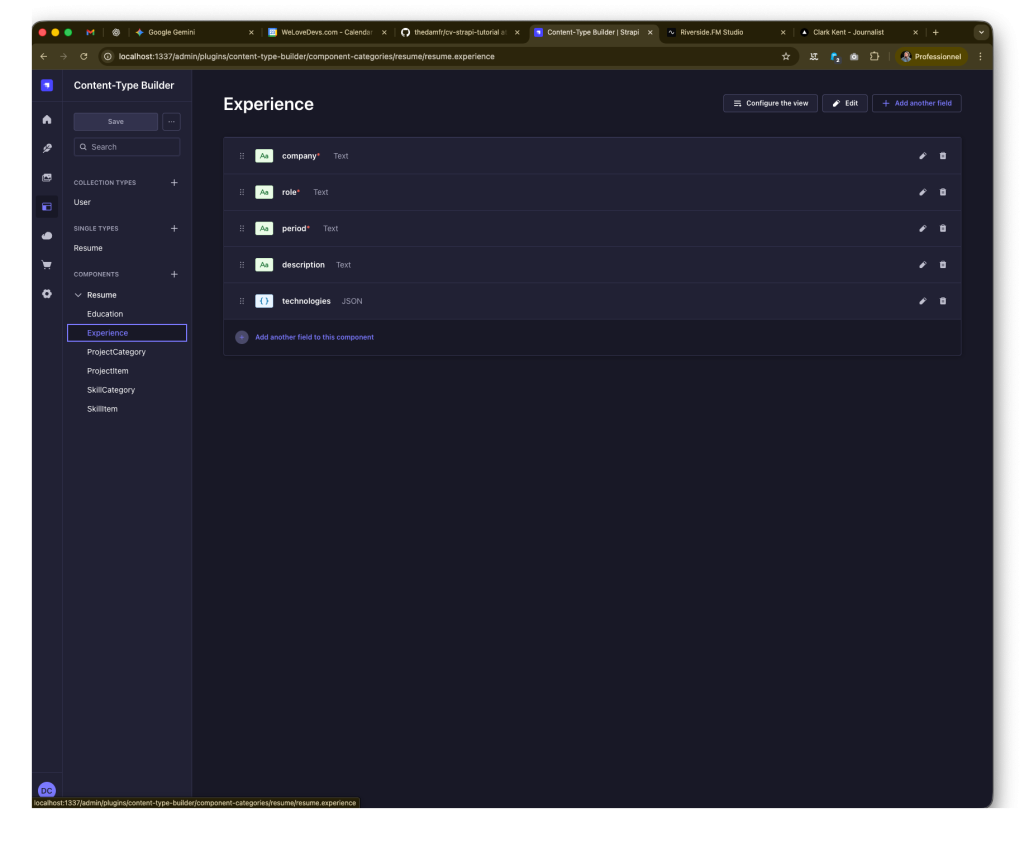 tutoriel Strapi : capture d’écran d’un Component.