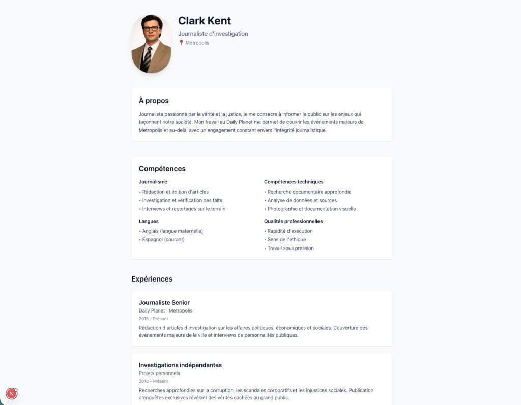 Capture d’écran. On y voit un CV en site web très classique d’un super héro du quotidien.