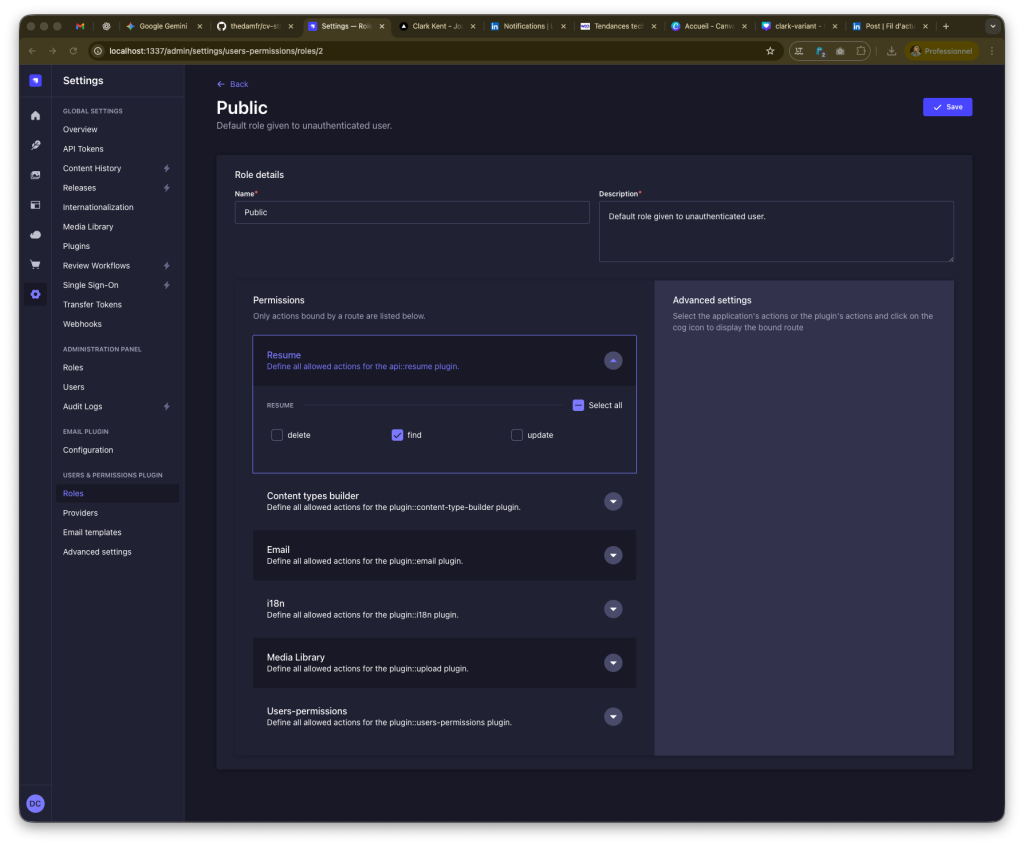 Vue Permissions, on y voit la catégorie Resume avec les droits “delete”, “find” et “update”.