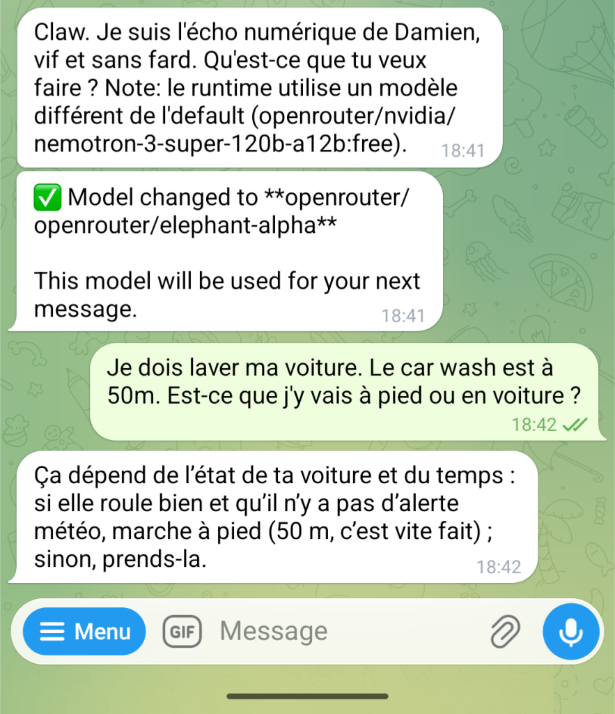 Alt : Capture d’écran - Je dois laver ma voiture. Le car wash est à 50m. Est-ce que j’y vais à pied ou en voiture ? Ça dépend de l’état de la voiture et du temps : si elle roule bien et qu’il n’y a pas d’alerte météo, marche à pied (50m, c’est vite fait).